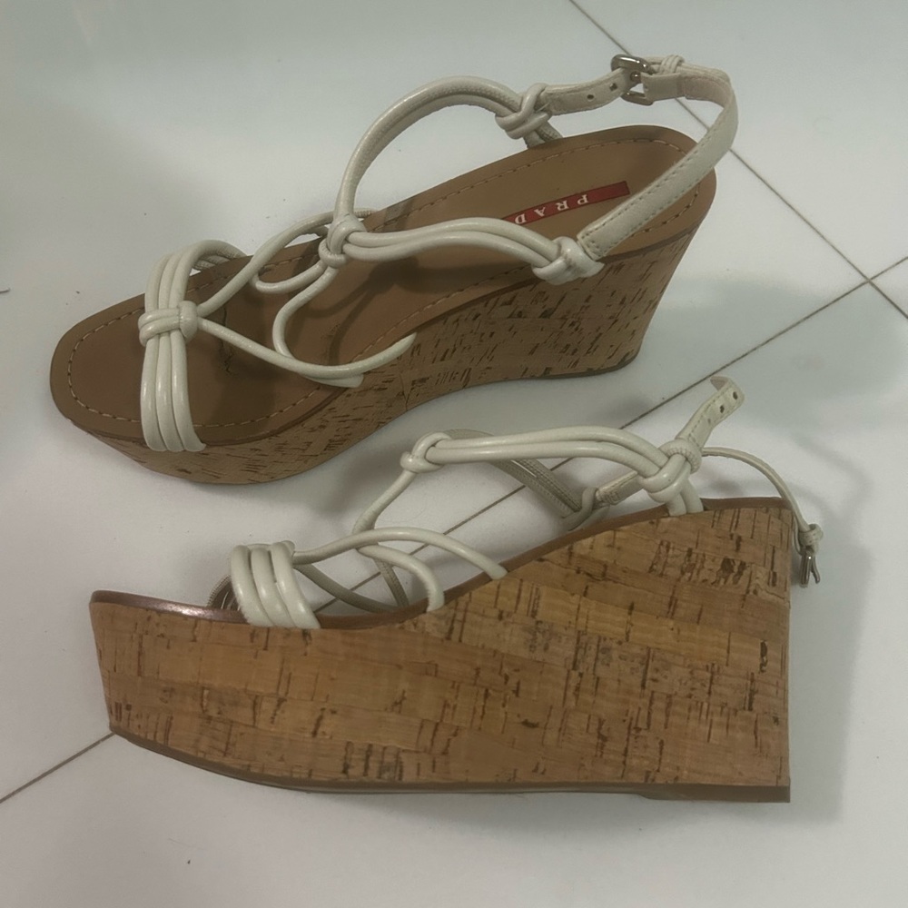 Prada Cream Leather Strappy Cork Wedge Sandals